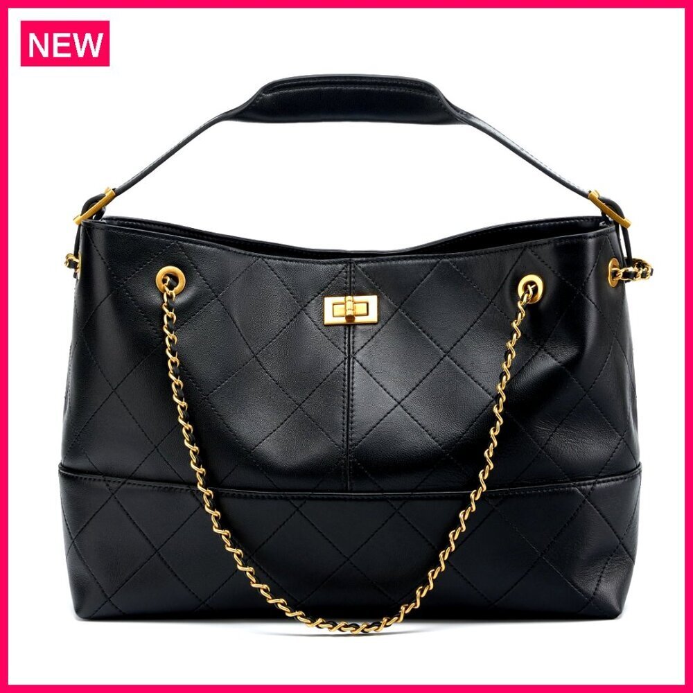 Leather Lambskin Suede Quilted Tote Bag with Gold Chain Shoulder Strap